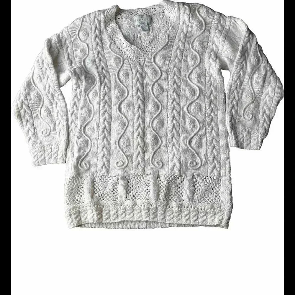 Vintage Express Tricot Hand Knit‎ Beaded Ivory Sweater Size Large